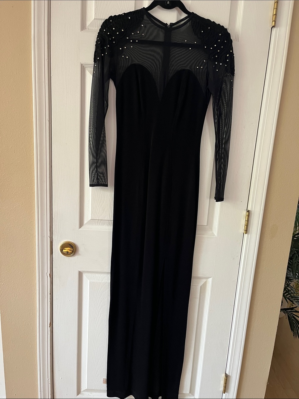 Black Long Sleeve Tadashi Mesh Yoke Evening Gown